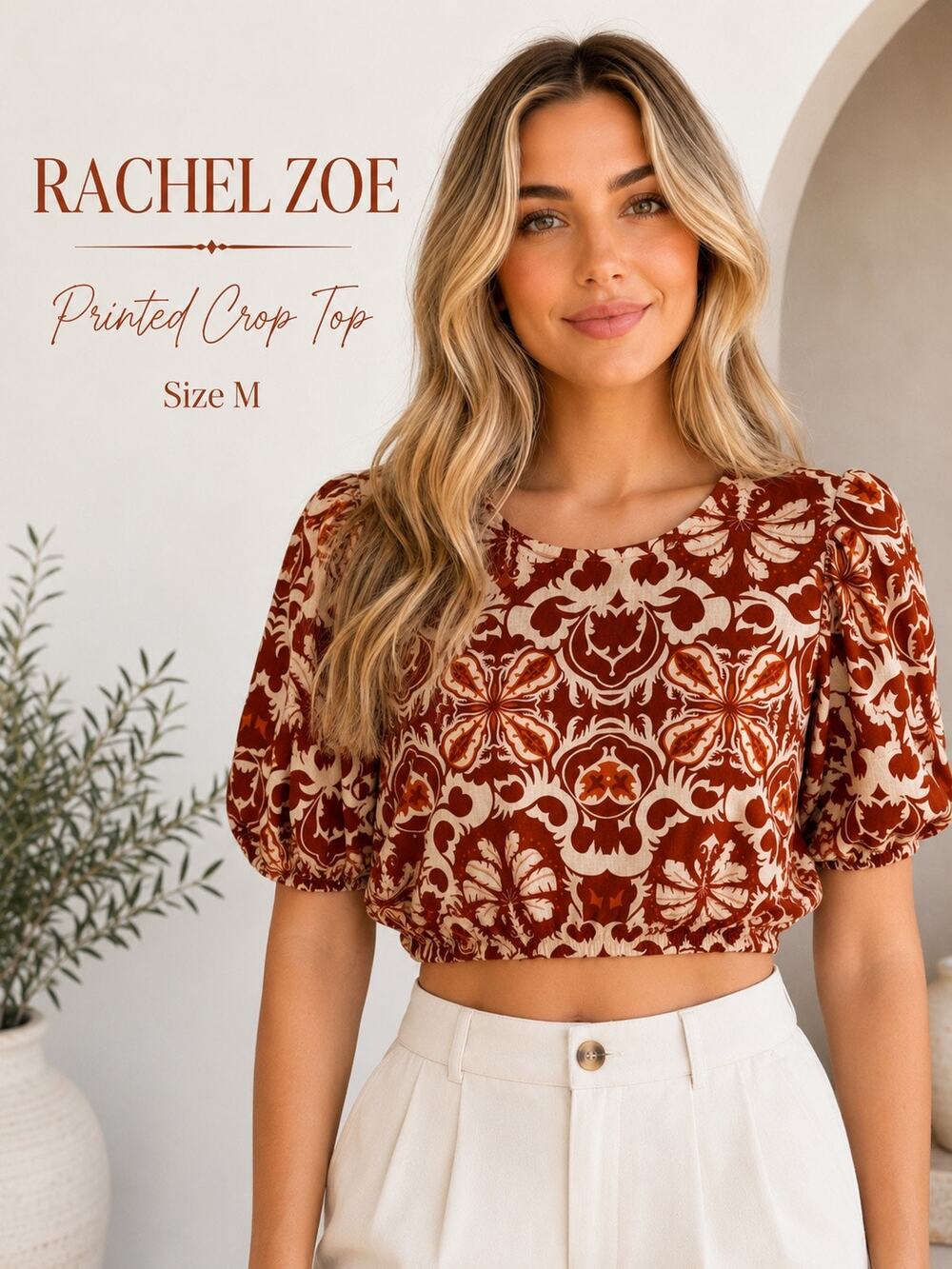 Rachel Zoe Women’s M Rust Cream Damask Print Puff Sleeve Cropped Blouse Top Boho